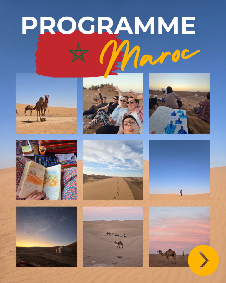 retraite séjour au Maroc en février 2027 entre femmes, trek et art-thérapie carnet créatif, carnet de deuil